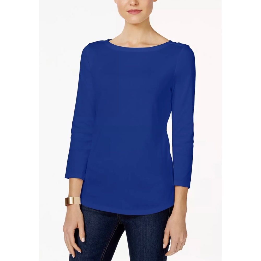 CHARTER CLUB • Blue Boat-Neck Button-Shoulder Pima Cotton Top, PP